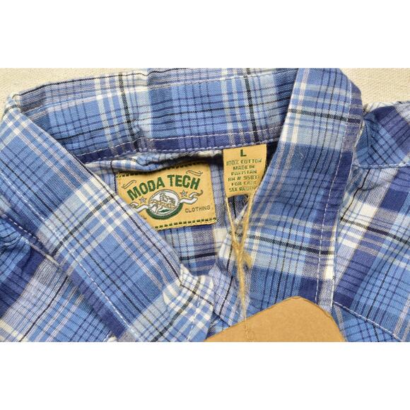 Moda Tech Men's Blue Plaid Western Snap Shirt Short Sleeve Regular Size L NWT - Picture 7 of 8